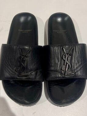 YSL Saint Laurent Joan Logo Slides Sandals Black Leather Auth Preowned Sz 35/5